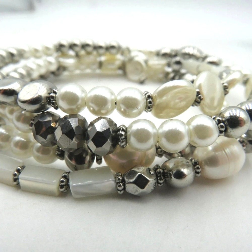 White Pearl Bead Silver‎ Tone Multi Strand Memory Wire Coil Bracelet Womens
